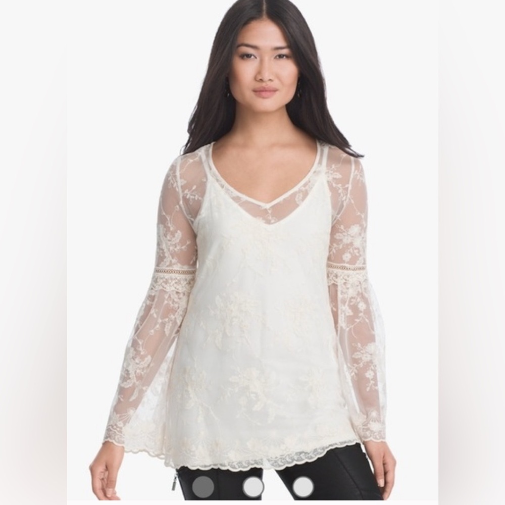 White House Black Market Sheer Lace Blouse, V-Neck, Ivory, Size S - Picture 9 of 11
